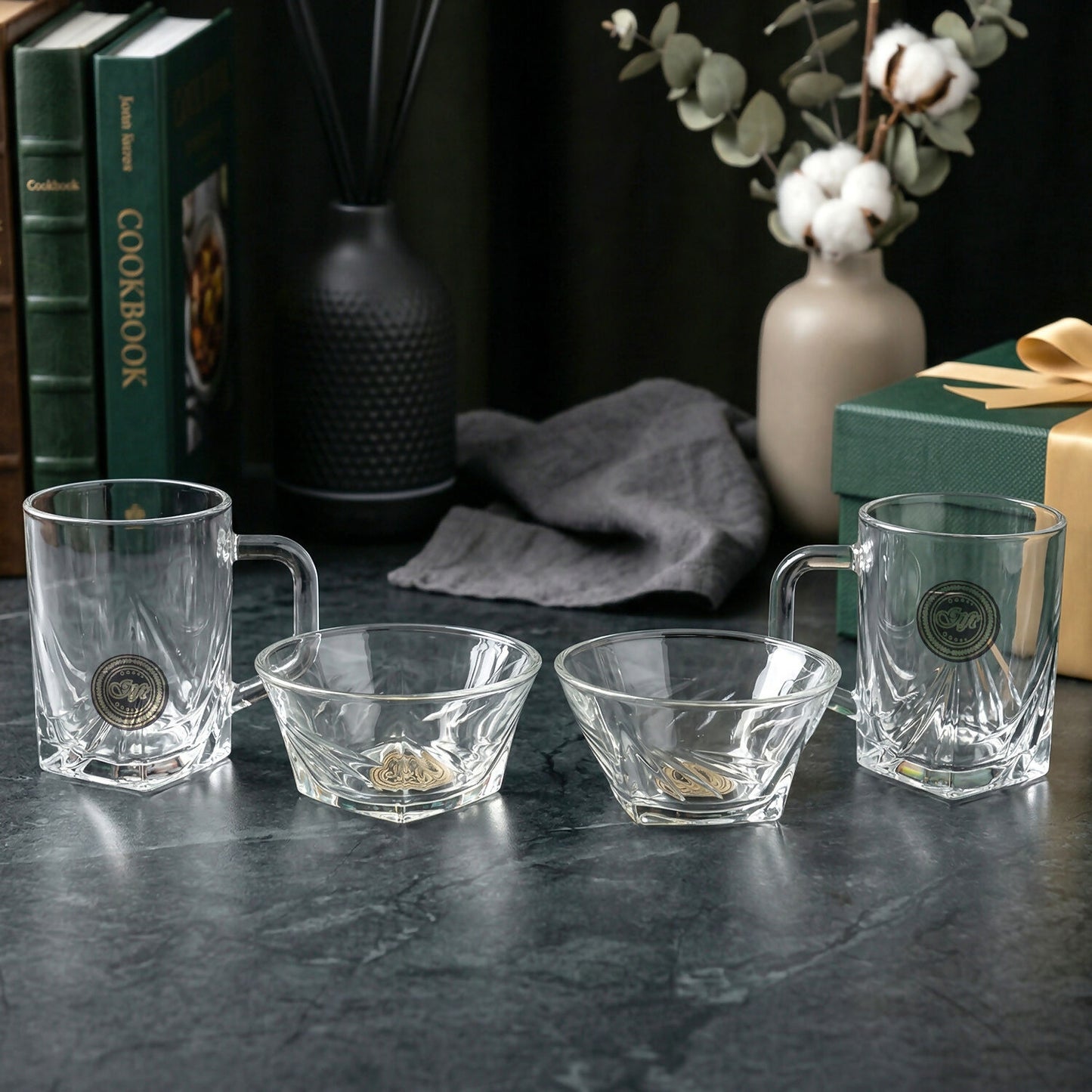 Black Berry 4-Piece Glassware Gift Set - 2 Elegant Coffee Mugs & 2 Crystal Snacks Bowls | Premium Transparent Crockery Set for Home & Gifting