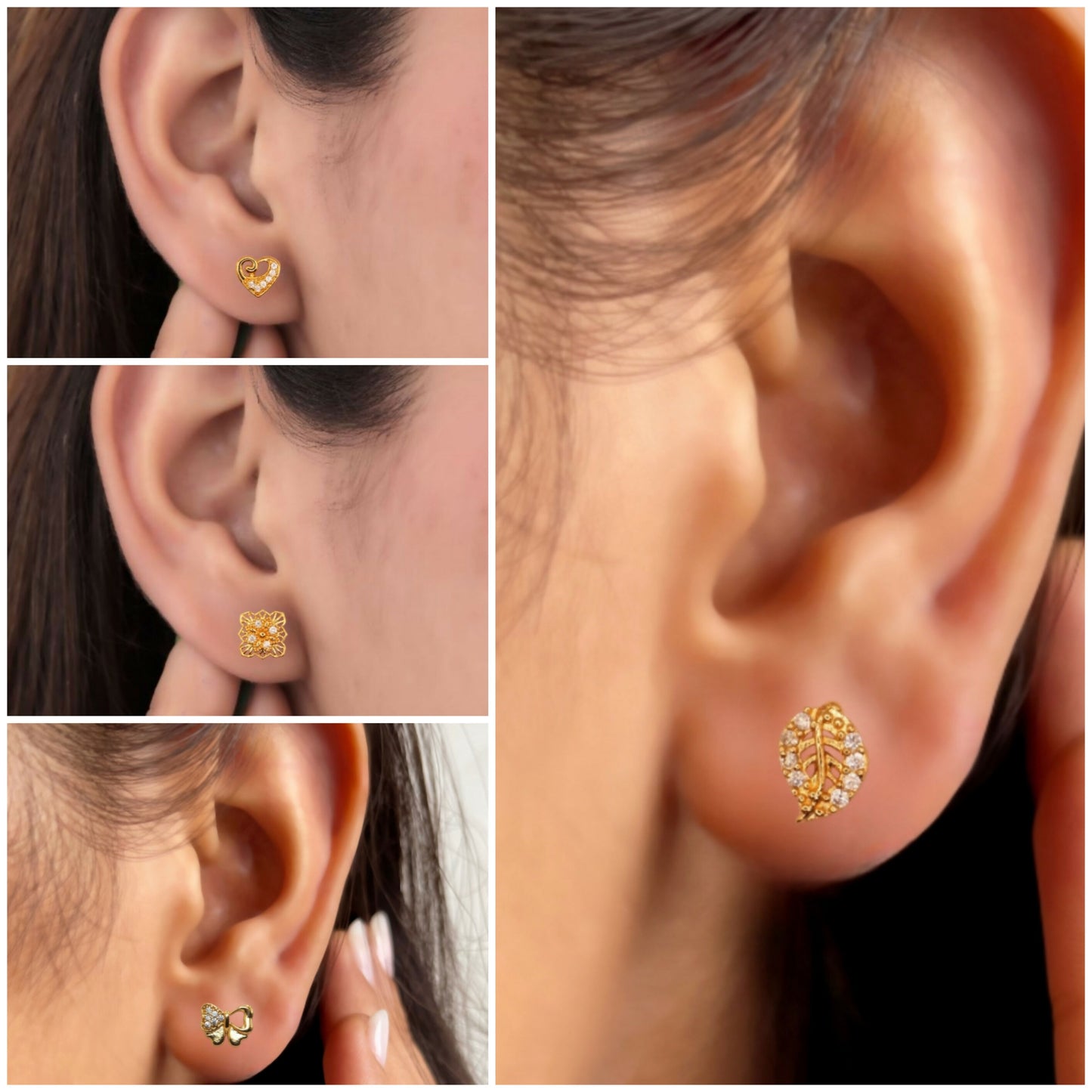 Close-up of gold plated bow stud earrings with sparkling cubic zirconia stones