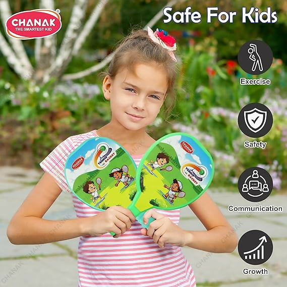 Plastic tennis racket set with two colorful lightweight rackets and balls for kids' badminton play.