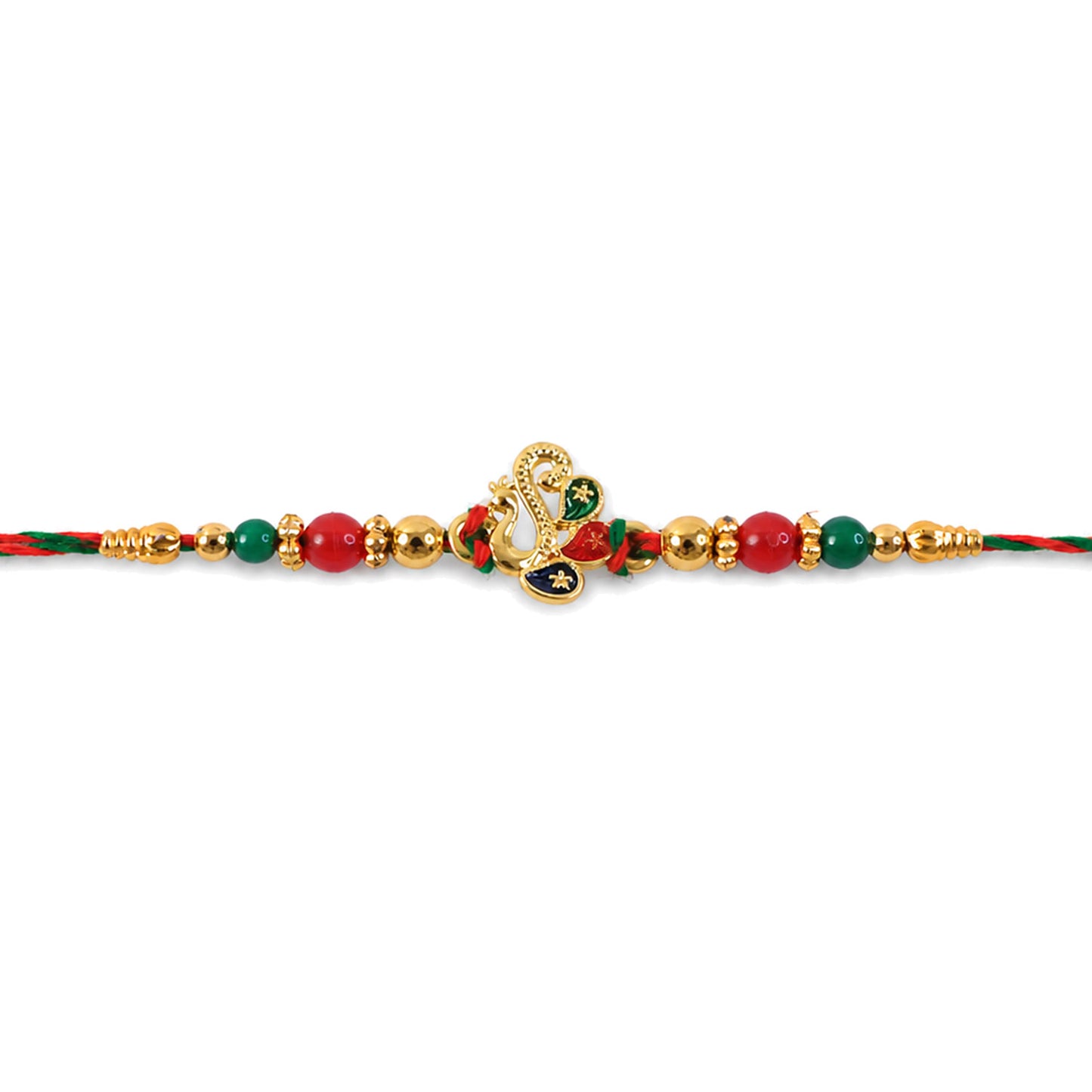 Colorful Enamel Peacock Pendant Rakhi with Red and Green Beads