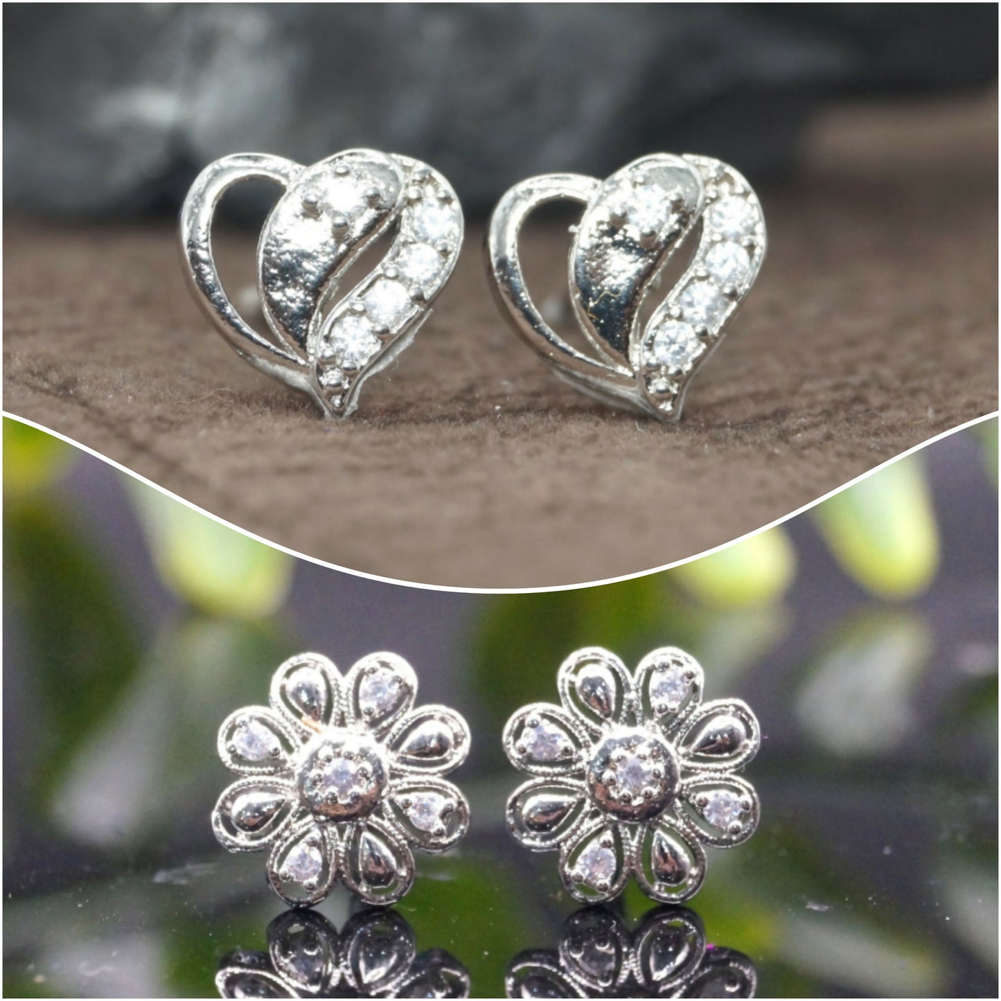 Set of two pairs of silver heart and flower stud earrings with sparkling cubic zirconia stones