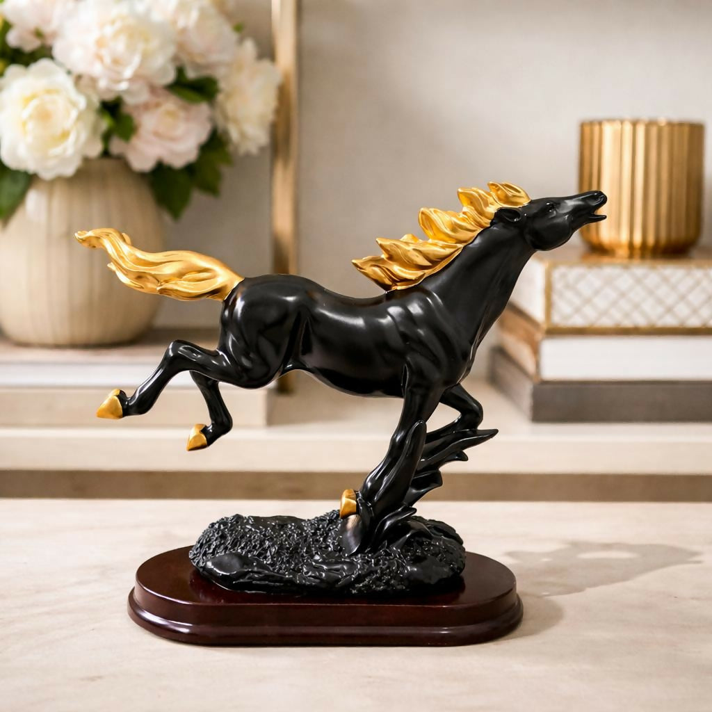 Side view of detailed running horse decorative statue