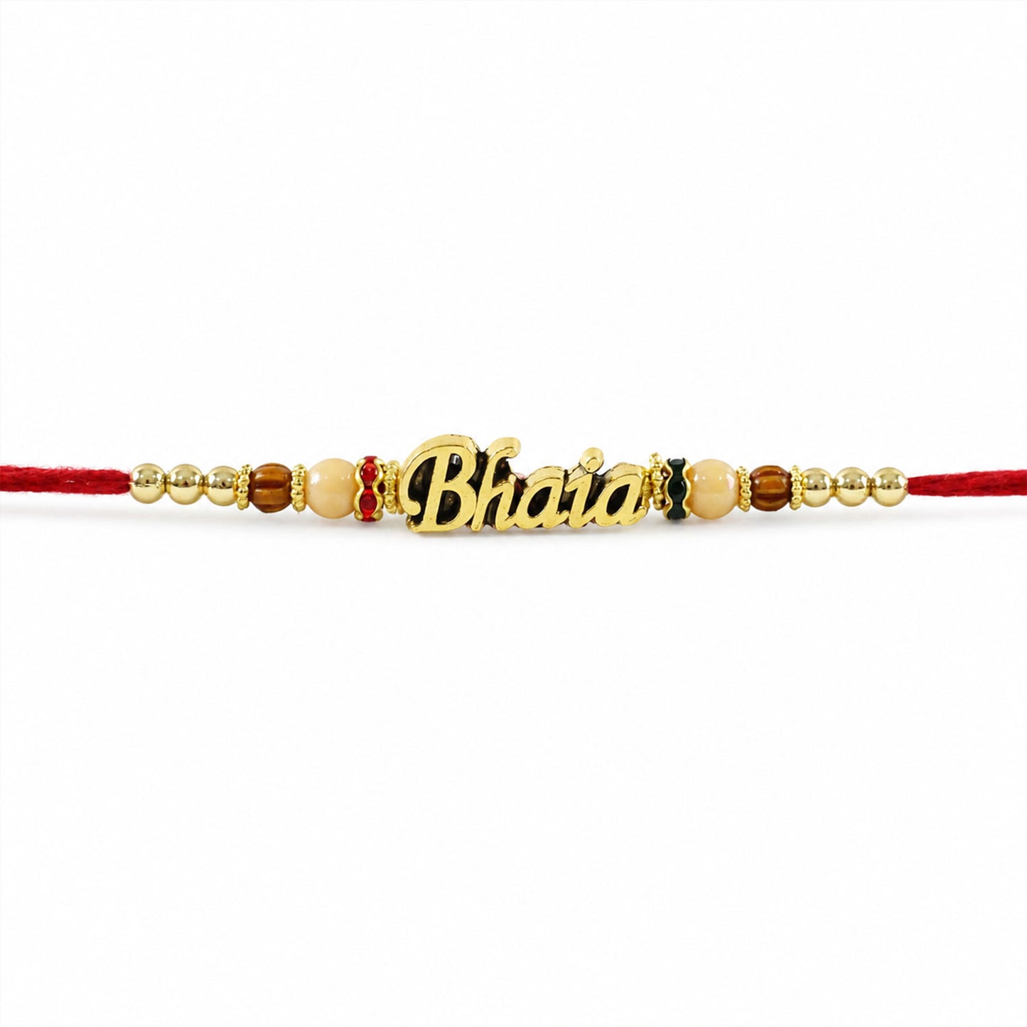 Bhaiya Name Golden Rakhi with Peach Brown Beads, Red Thread and Festive Shine