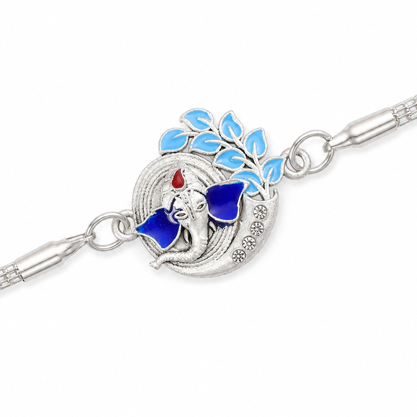 Ganesh Leaf Enamel Crescent Studded Silver Chain Designer Rakhi