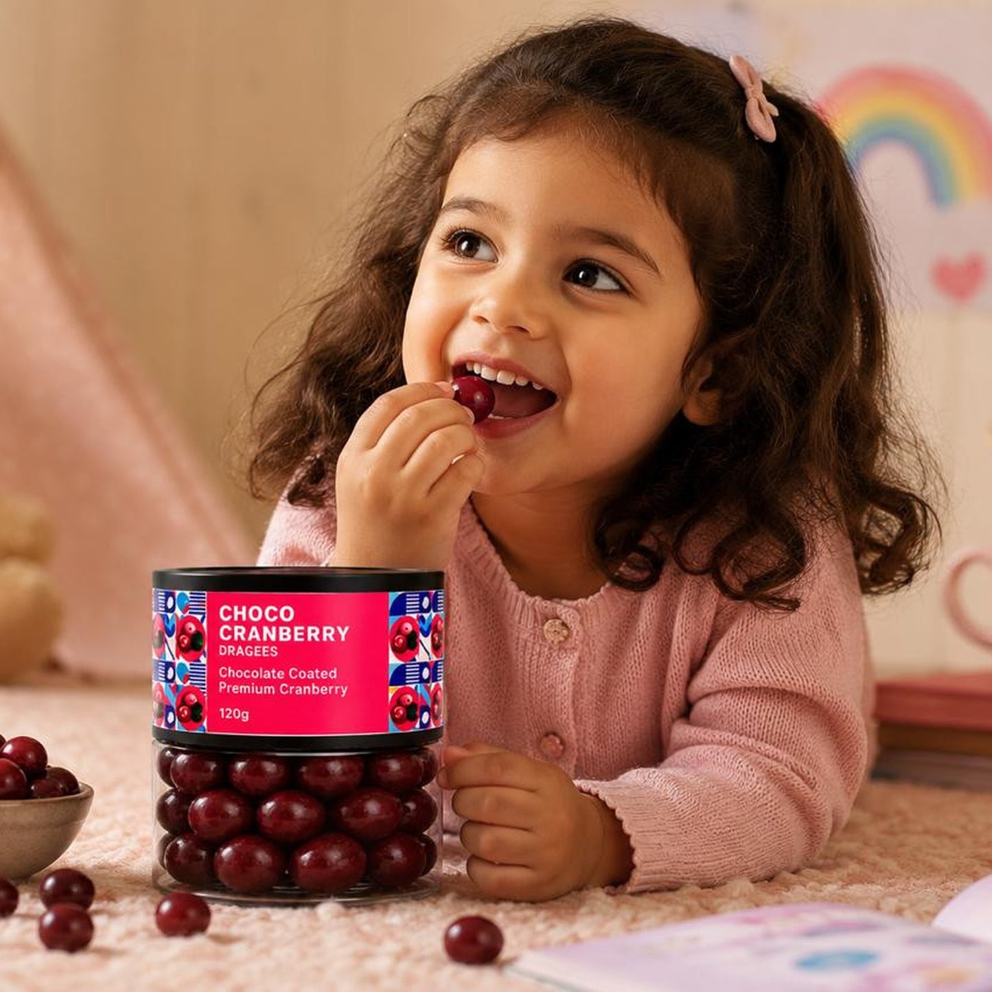 A small ceramic bowl filled with delectable choco cranberry dragees, ready to be enjoyed.