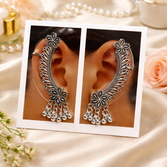 Elegant Oxidised Silver Ear Cuff Earrings with Ghungroo for Women