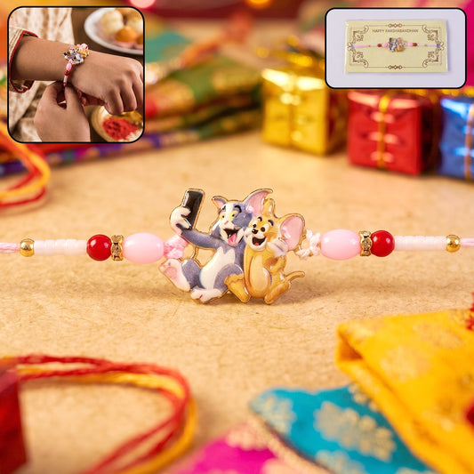 Cute Cartoon Cat and Mouse Selfie Kids Rakhi with decorative beads