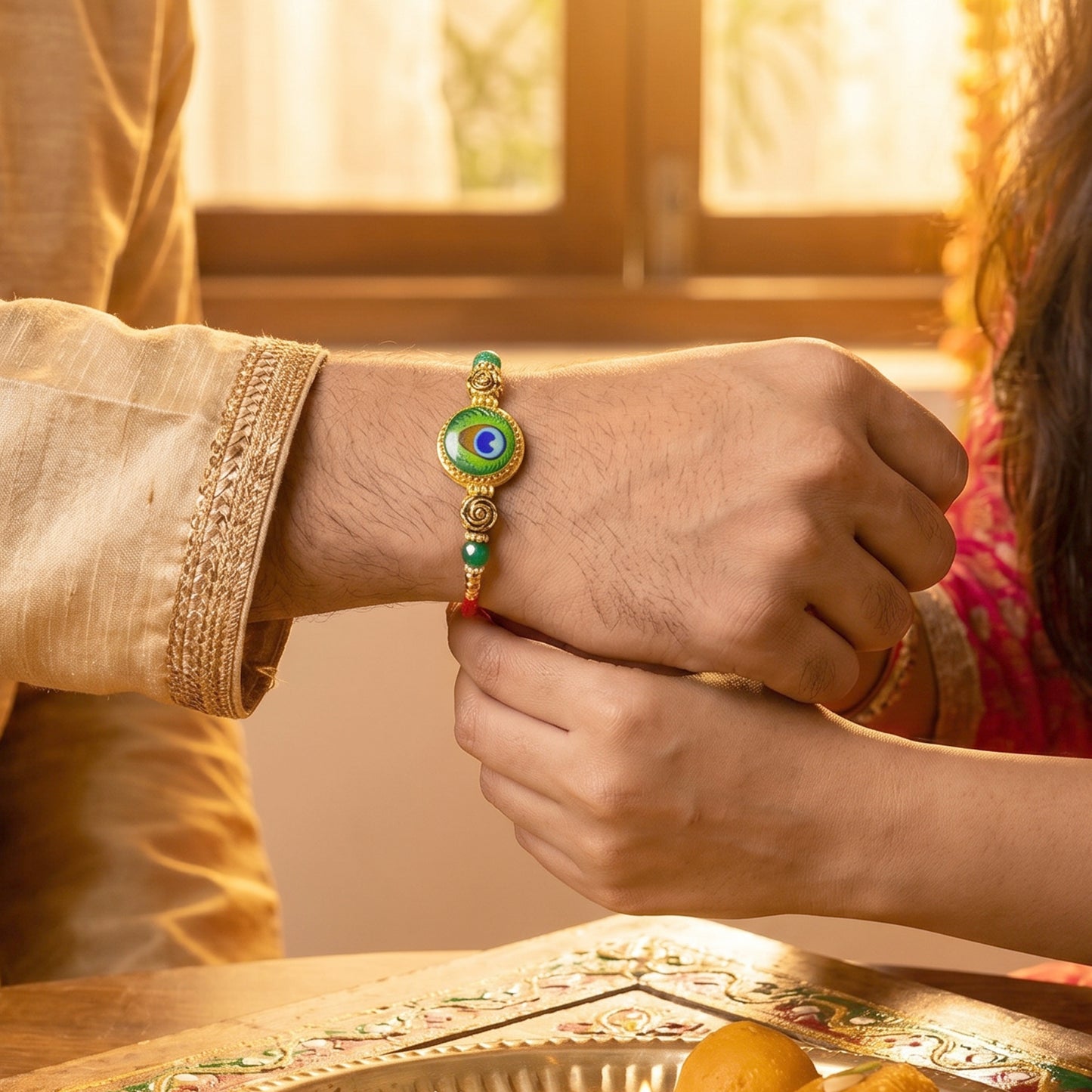 Morpich Bhaiya Bhabhi Lumba Rakhi with Green Beads and Gold Hanging Charm