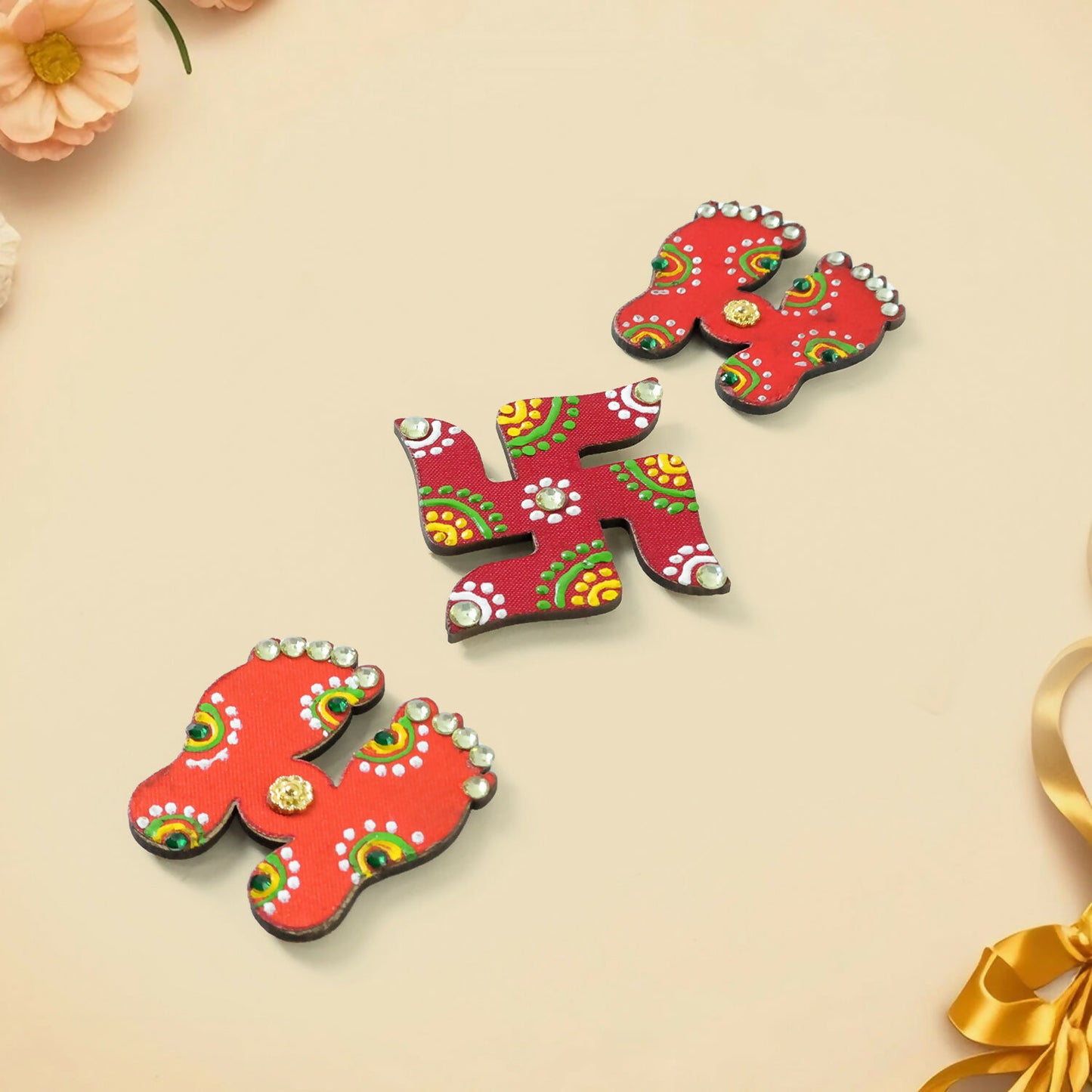 Top view of Laxmi Charan and Swastik set with bead detailing