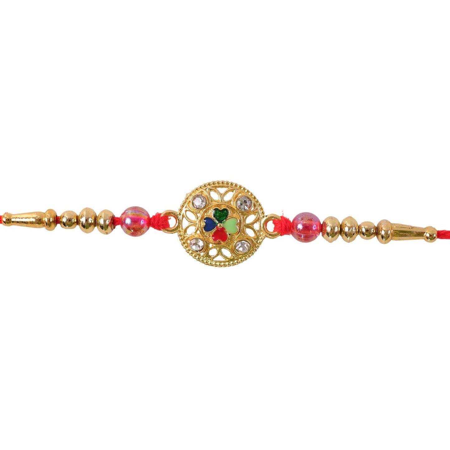 Festive Four-Petal Rakhi with Bright Enamel, Clear Stones and Translucent Beads (10pcs)