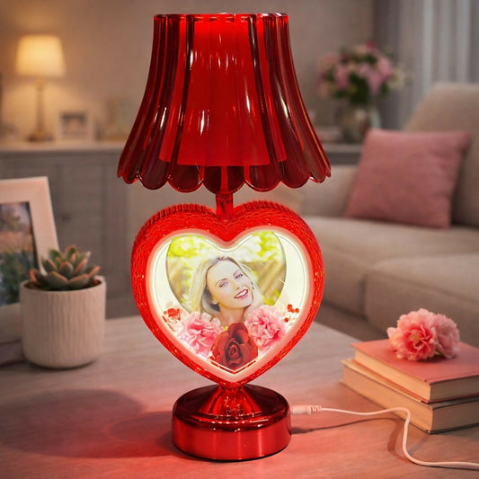 Red heart-shaped photo table lamp with decorative shade