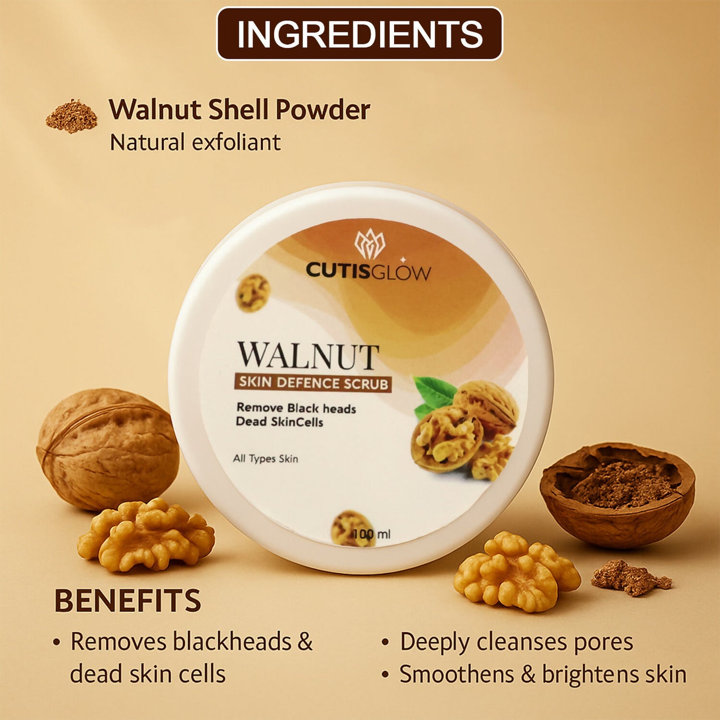 Eyelet Walnut Skin Defence Scrub – Exfoliating Face & Body Scrub for Blackhead Removal, Dead Skin Cell Cleansing & Smooth Radiant Skin (100ml)