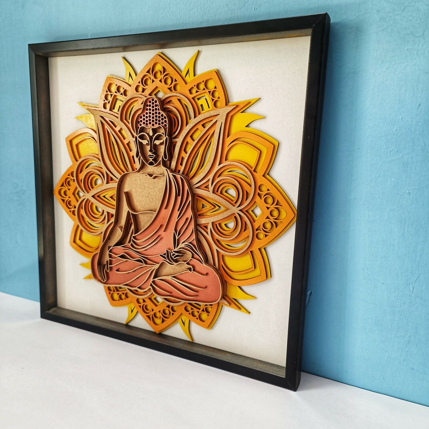 Handcrafted Wooden Buddha Wall Art – Multi-Layer 3D Wall Frame | Peaceful Mandala Design | Spiritual Home Decor Gift | Handmade Indian Artwork