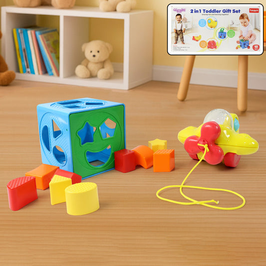 Funskool Giggles 2-in-1 Toddler Gift Set – Shape Sorter Cube & Pull-Along Plane Toy for Early Learning