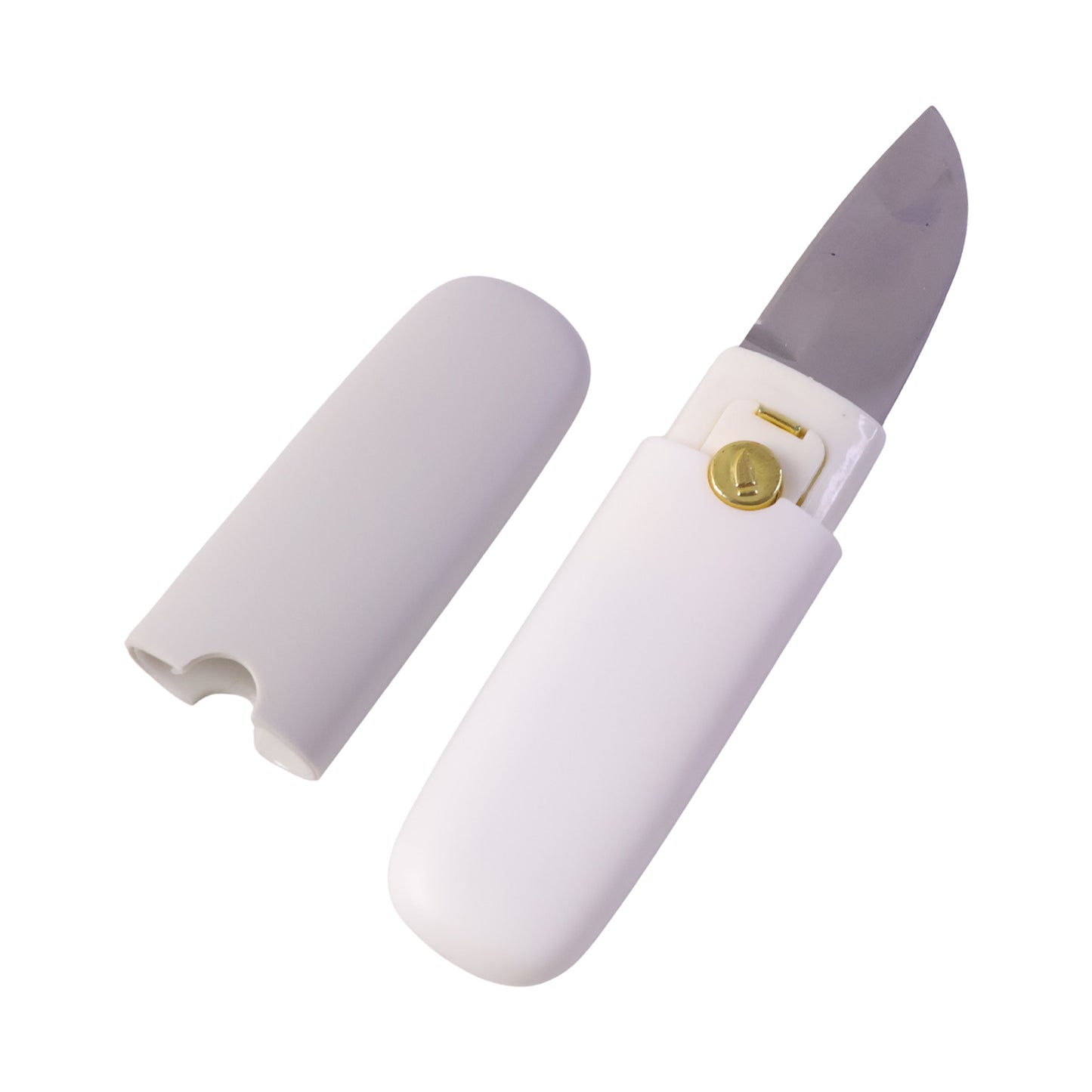 Folding multifunctional knife and peeler showing blade and handle