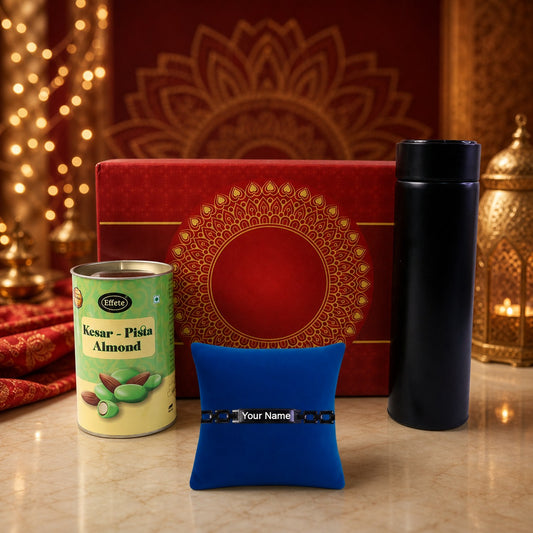 Custom Rakhi Gift Set with bracelet, chocolate & bottle