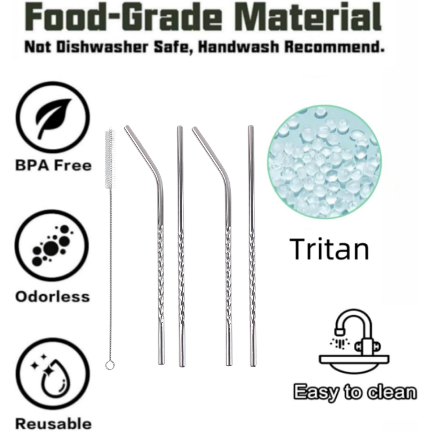 Set of 4 Stainless Steel Straws & Brush (2 Straight straws, 2 Bent straws, 1 Brush)