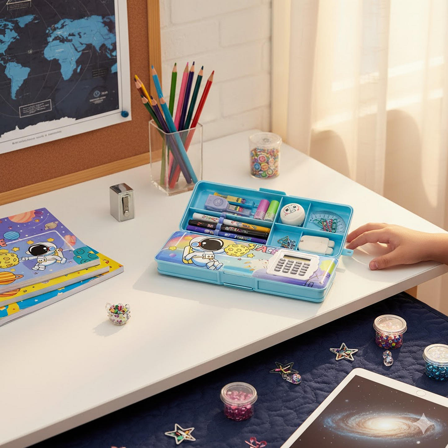 डबल साइडेड मैग्नेटिक ज्योमेट्री बॉक्स, लड़कों के लिए कैलकुलेटर के साथ पेंसिल बॉक्स लड़कियों और लड़कों के लिए आर्ट प्लास्टिक पेंसिल बॉक्स