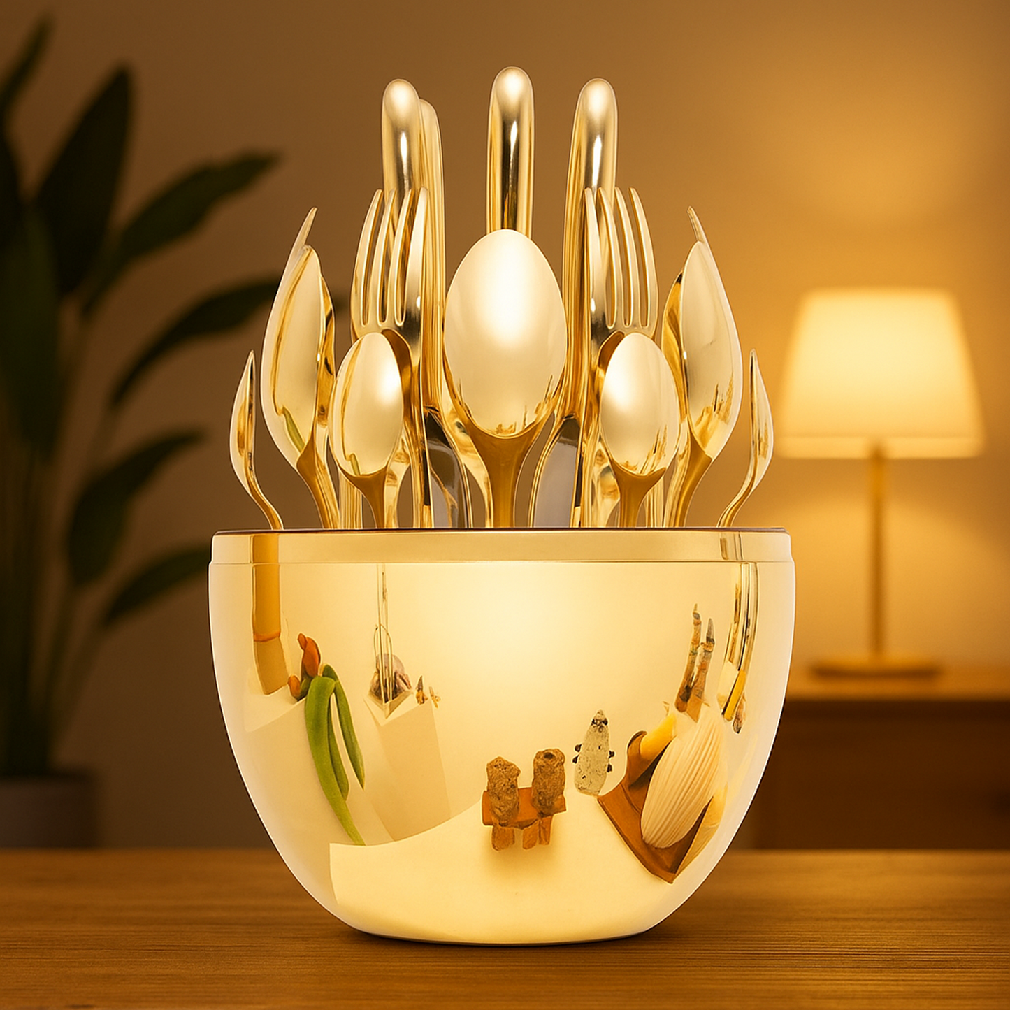 Premium Cutlery Set 24 Pcs with Oval Shaped Stand | Beautiful Stylish Oval Designed Cutlery Sets, Egg-Shaped Luxury Spoon Holder Set (Golden / 24 pcs set)