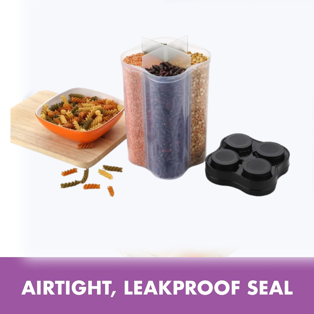 किराने के सामान, फ्रिज कंटेनर के लिए प्लास्टिक लॉक खाद्य भंडारण 4 सेक्शन कंटेनर जार।