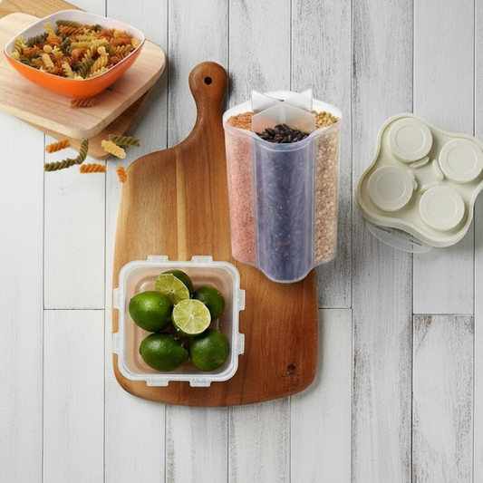 किराने के सामान, फ्रिज कंटेनर के लिए प्लास्टिक लॉक खाद्य भंडारण 4 सेक्शन कंटेनर जार।