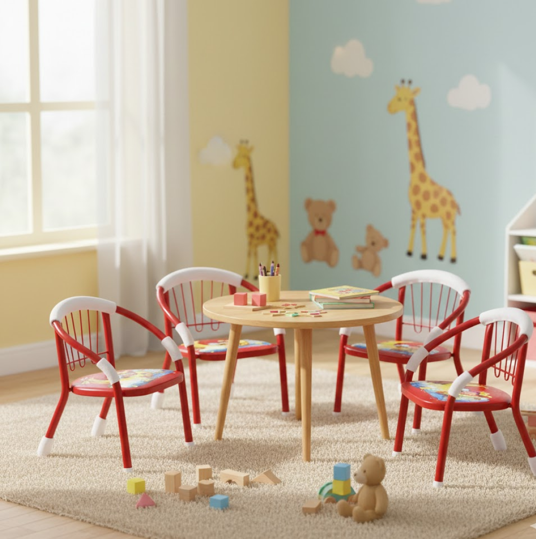 Multicolor Cartoon Design Baby Chair with Metal Backrest Soft Cushion for Kids 4 Pcs