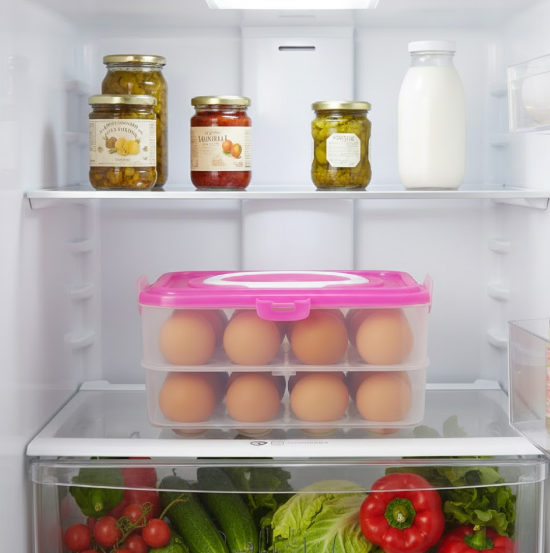Transparent top view of the egg storage box showing egg compartments