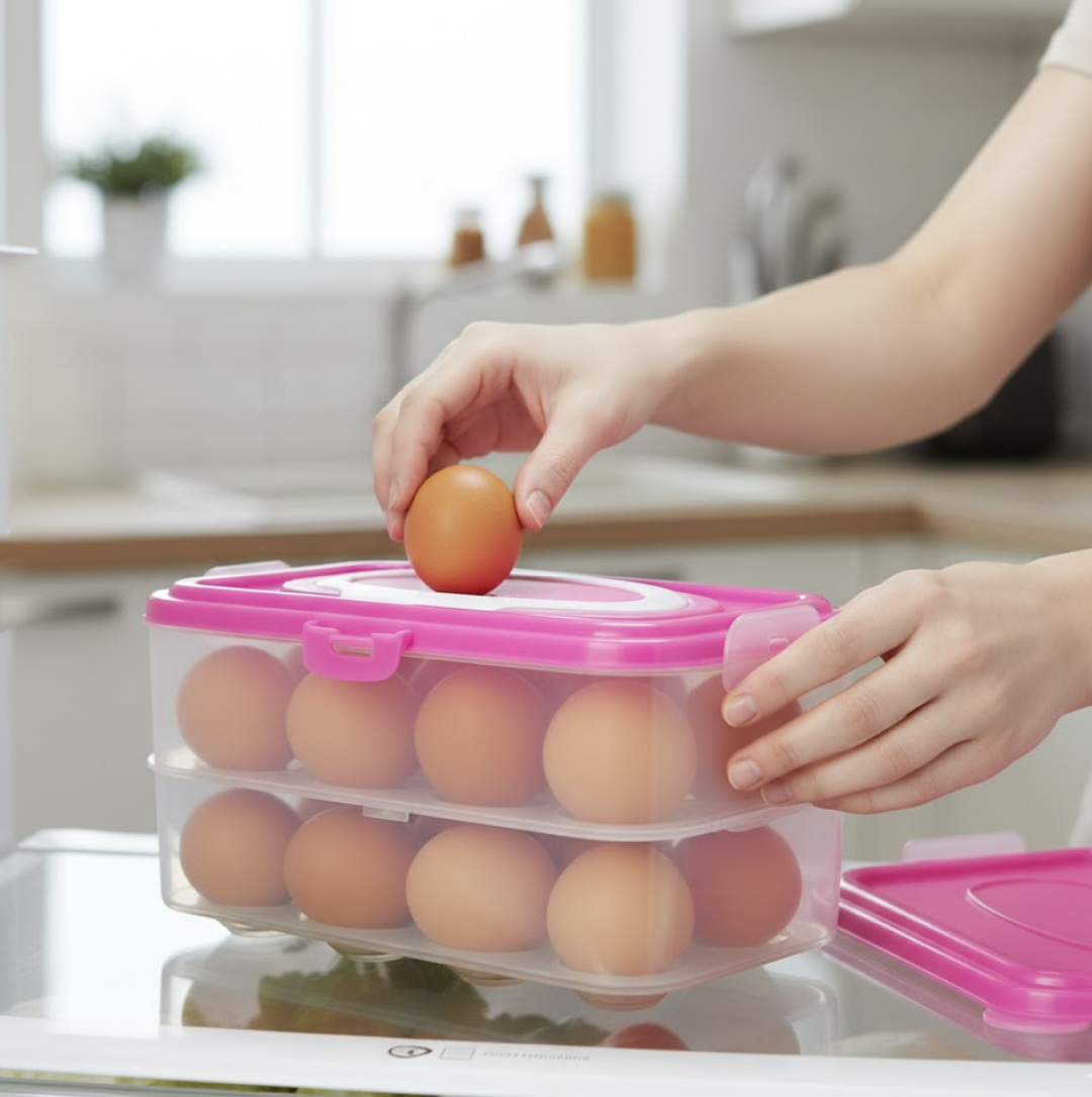 Side view of the egg box with secure handle and locking lid