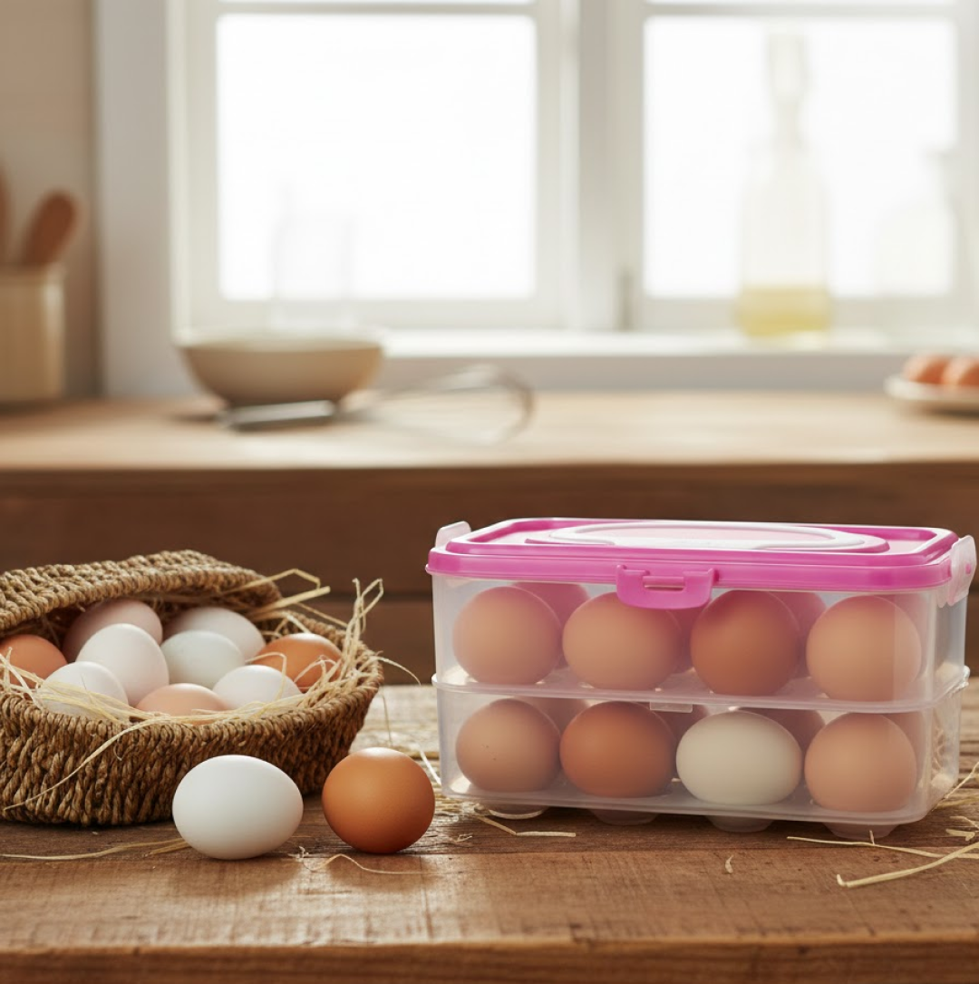 Close-up of the locking lid clasp on the egg storage box