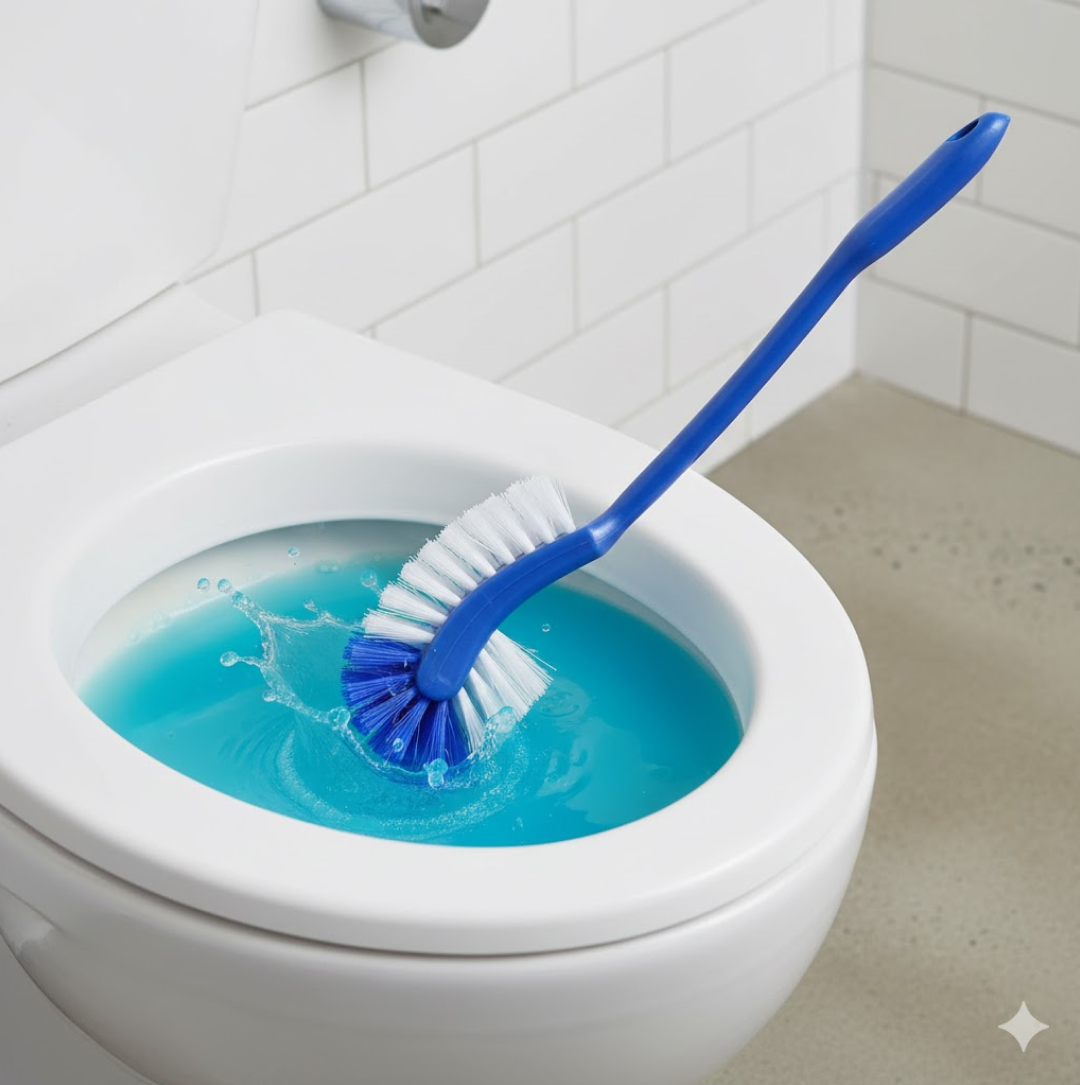 Close-up of double hockey stick shape toilet brush bristles