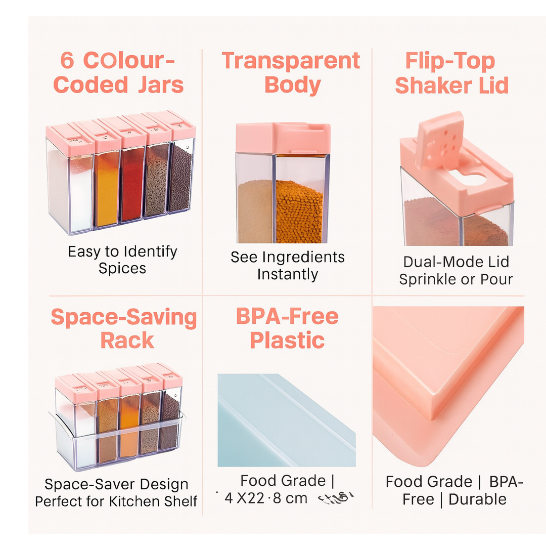 Plastic Spice Jars (6 pcs, 14x22x8cm, Multicolour)