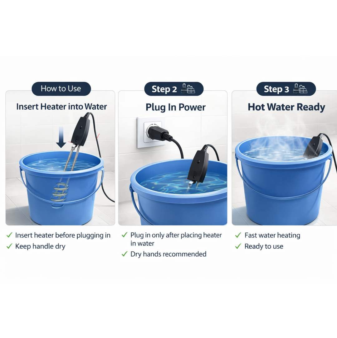 Immersion water heater showing power consumption info