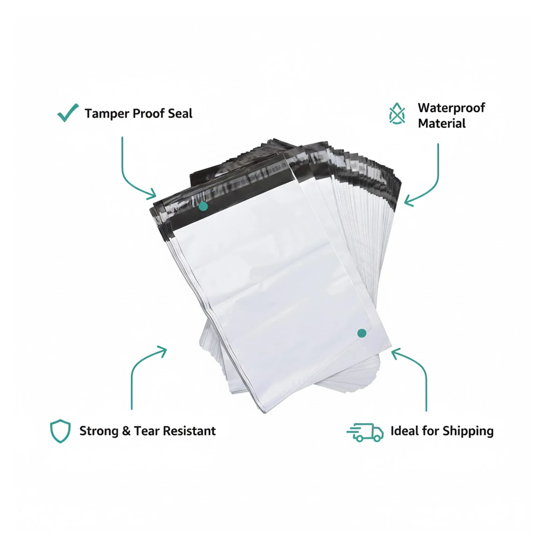 Tamper proof courier bags stacked for shipment