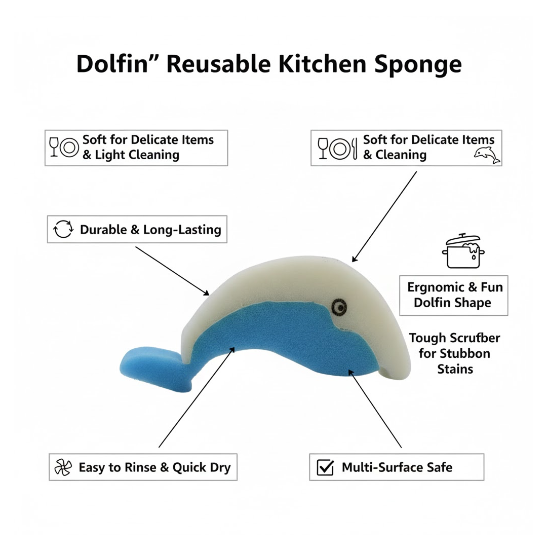 Dolfin Reusable Kitchen Sponge – Superior, Multi-Surface, Low Maintenance (1 Pc)