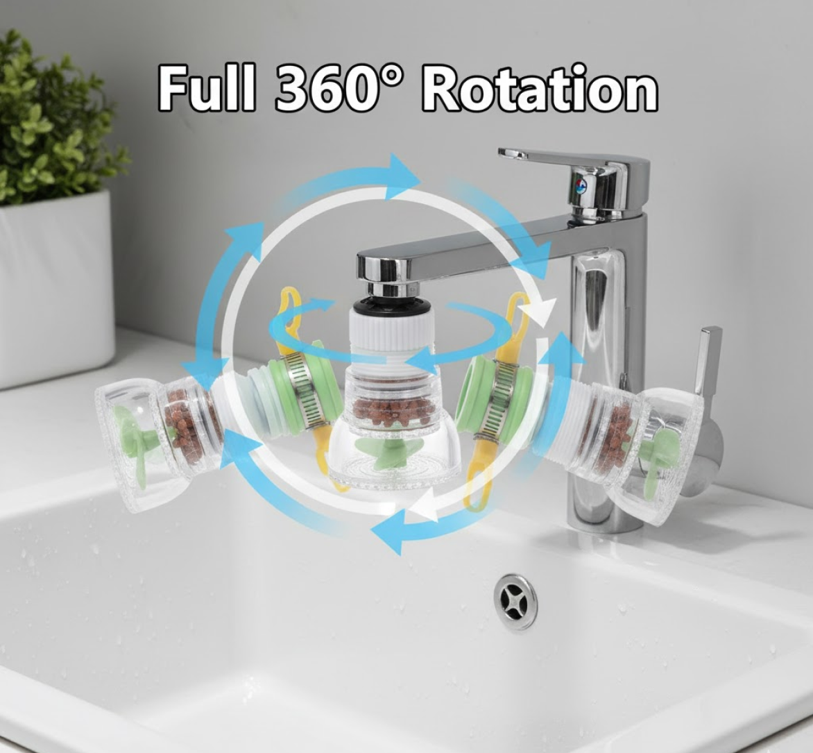 Close-up diagram of water-saving faucet sprayer with fine filter holes.