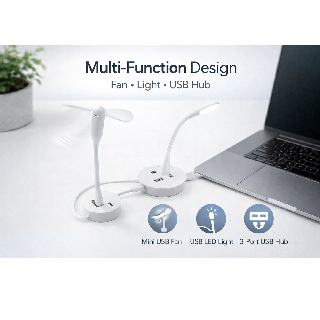 Portable Mini USB Fan, USB Ligh & USB 3 HUB / Port Combo