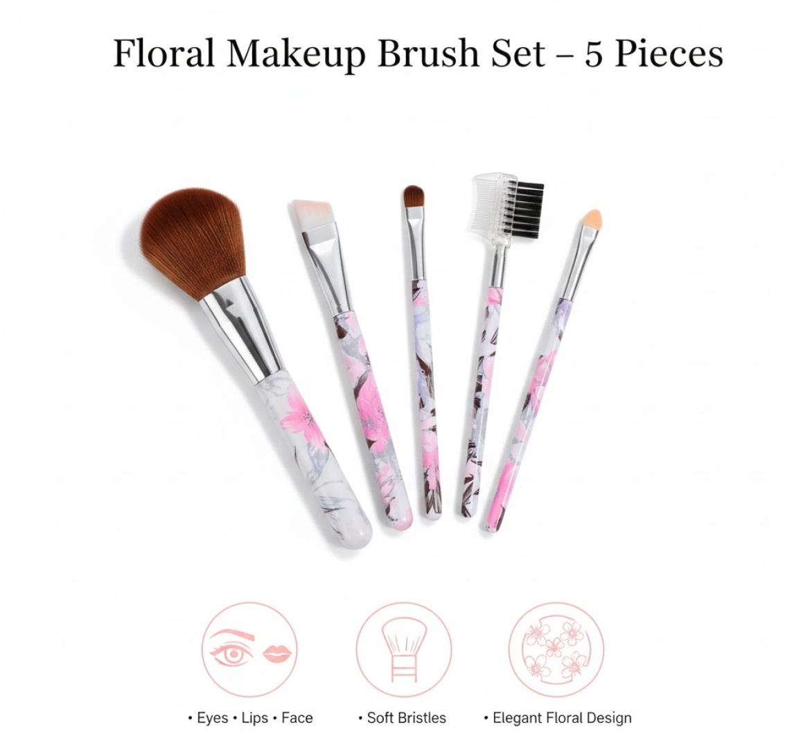 Floral Makeup Brush Set for Eyes, Lips, and Face (5 Pc)