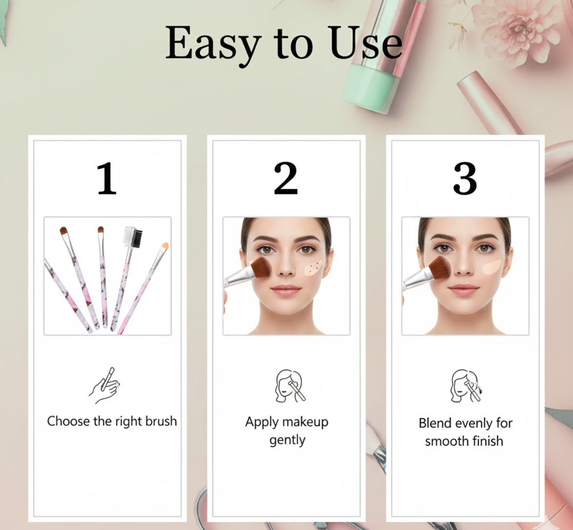 Floral Makeup Brush Set for Eyes, Lips, and Face (5 Pc)