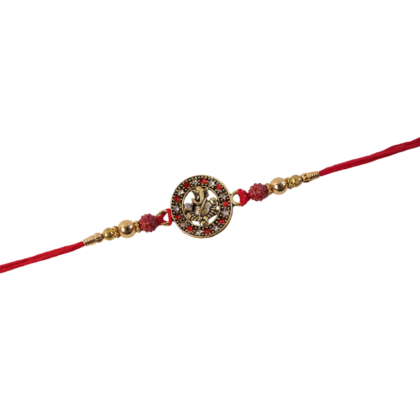 Golden Ganesh Rakhi for Boys with Red Thread and Rudraksha Beads