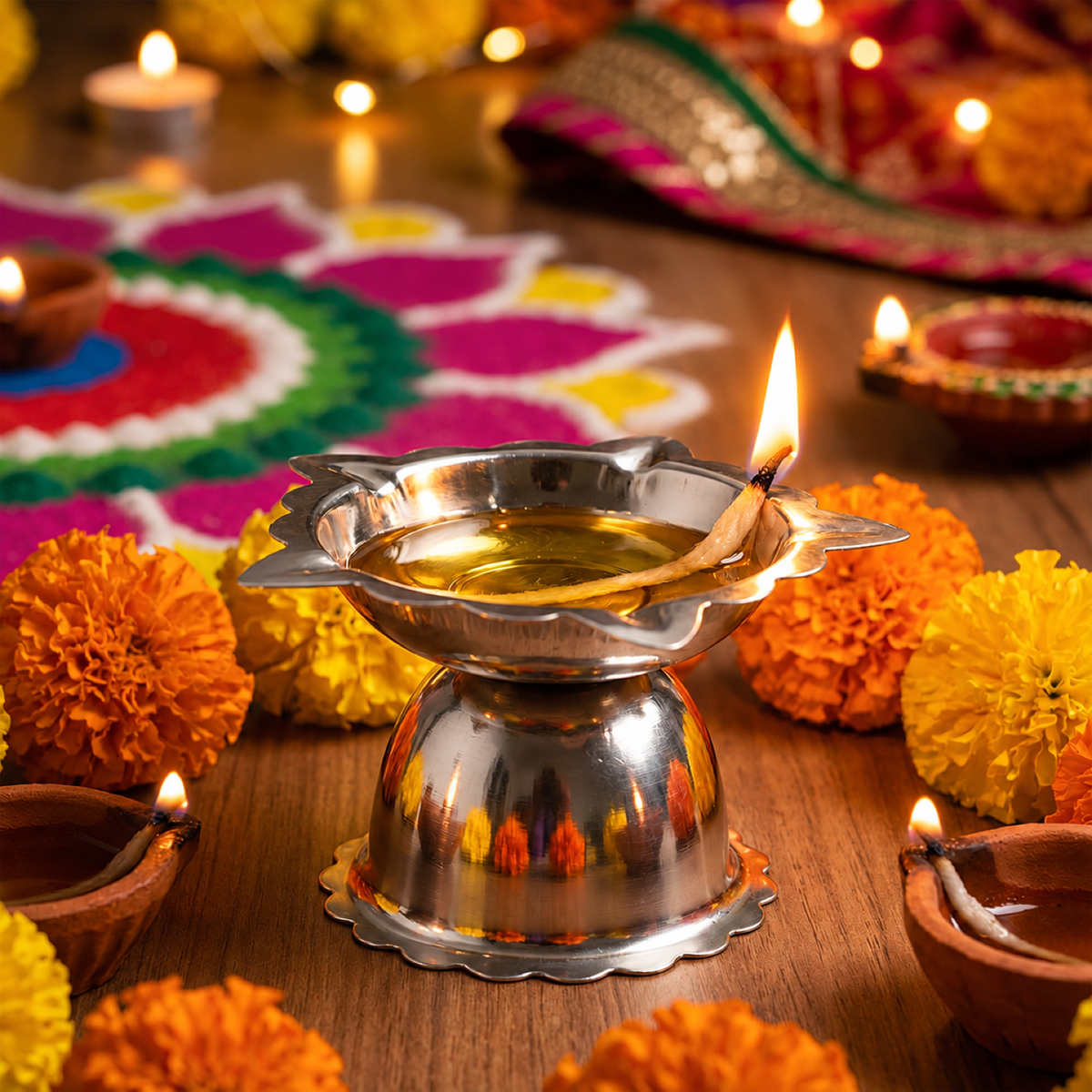 Sunflower Design Stainless Steel Diya Stand – Small Durable Pooja Lamp showcase