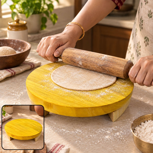 Traditional Wooden Roti Maker Chakla – Round Rolling Board with Raised Legs, Smooth Polished Surface for Roti, Chapati, Paratha and Puri Making – Yellow Finish