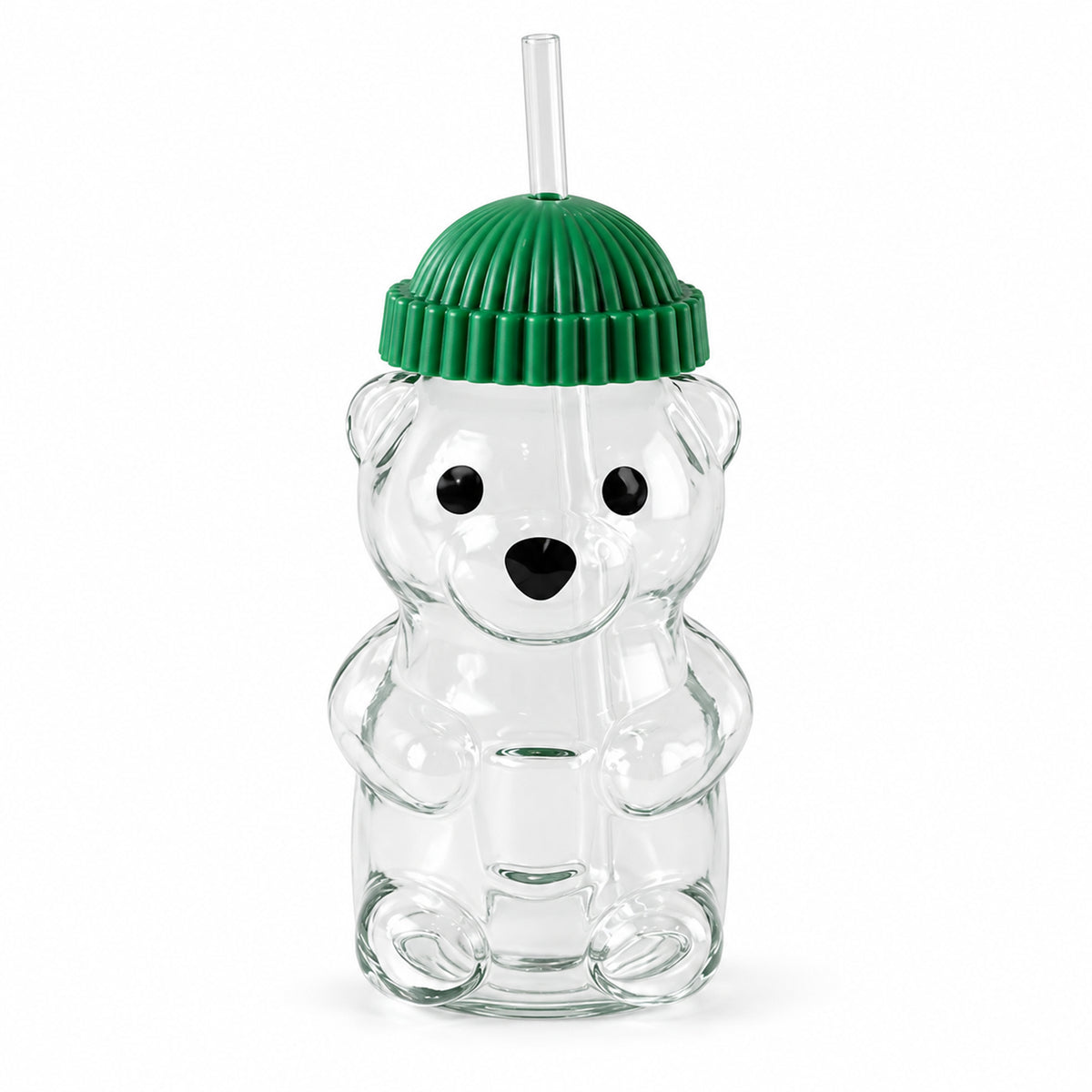 Bear shape glass water bottle with straw - white background