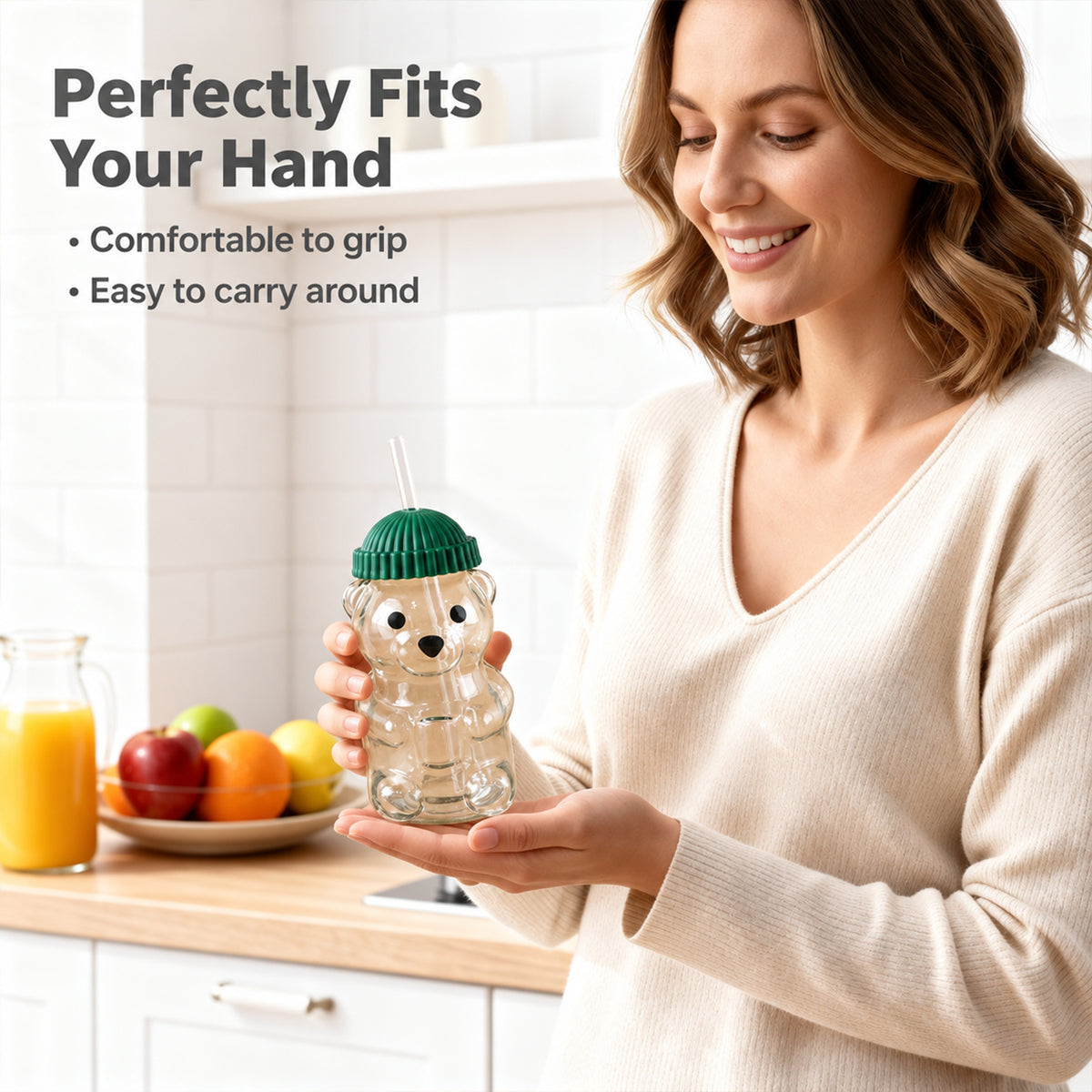 Bear shape glass water bottle with straw - handheld size reference