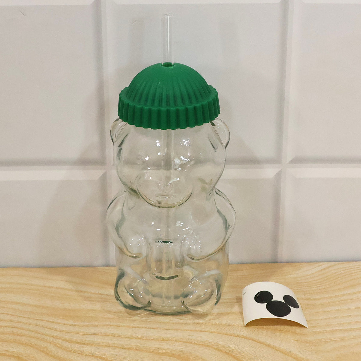 Bear shape glass water bottle with straw - actual product