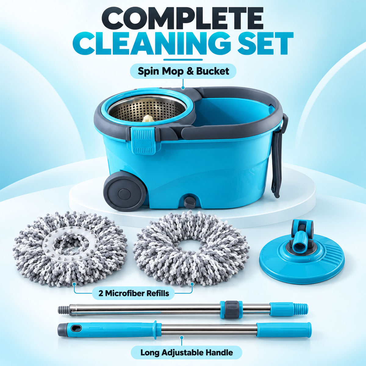 Spin Mop Bucket Set with Steel Wringer, Wheels and 2 Microfiber Refills
