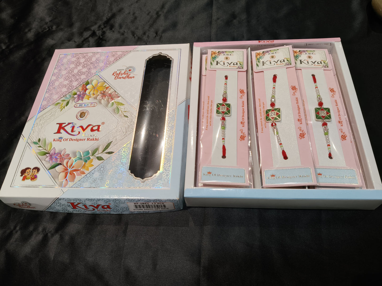 Combo Pack of 12 Green Square Designer Rakhis with Red Accents and Pearl Beaded Threads – Festive Gift Edition