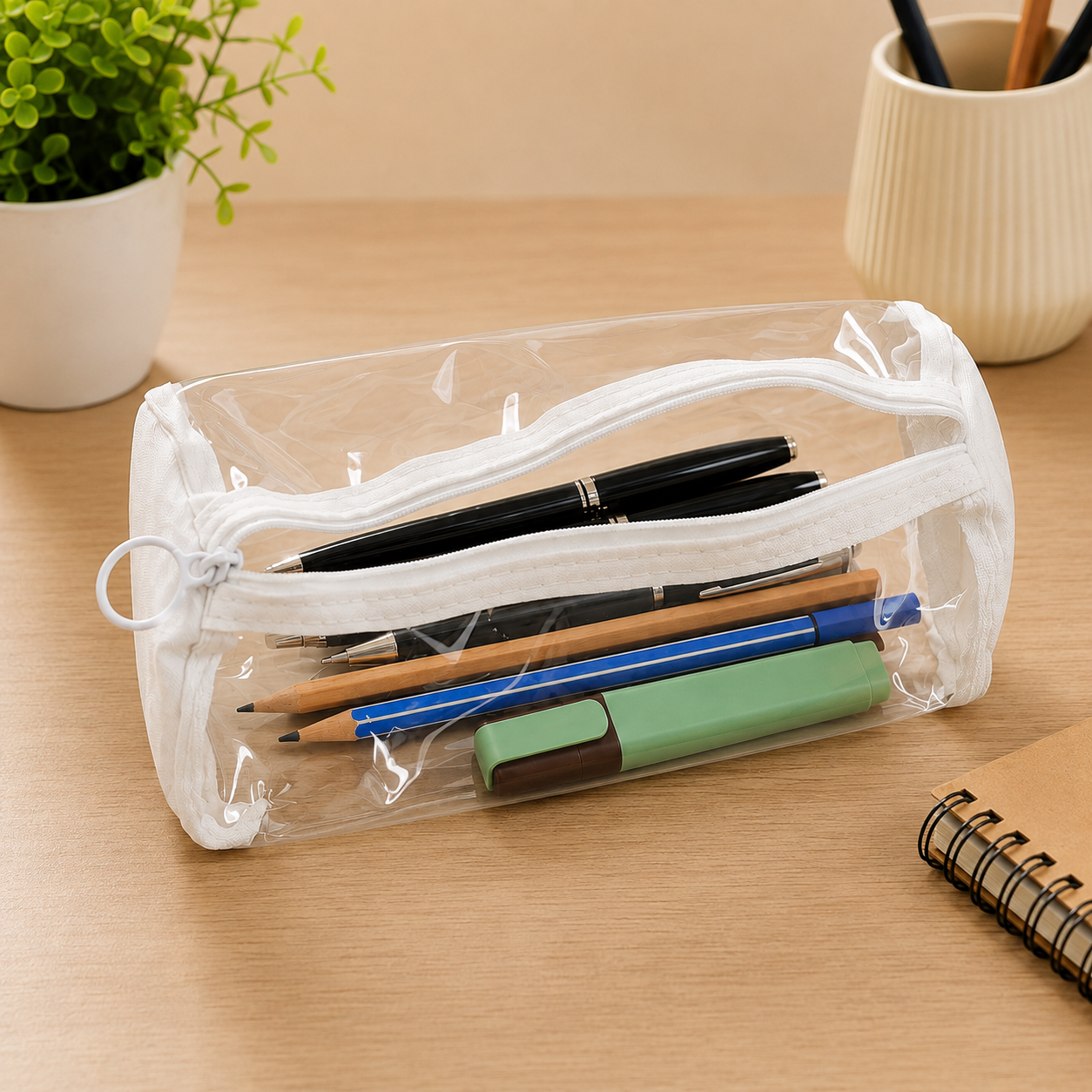 Clear PVC pencil case with white trim and zipper, filled with pens and pencils on a wooden desk.