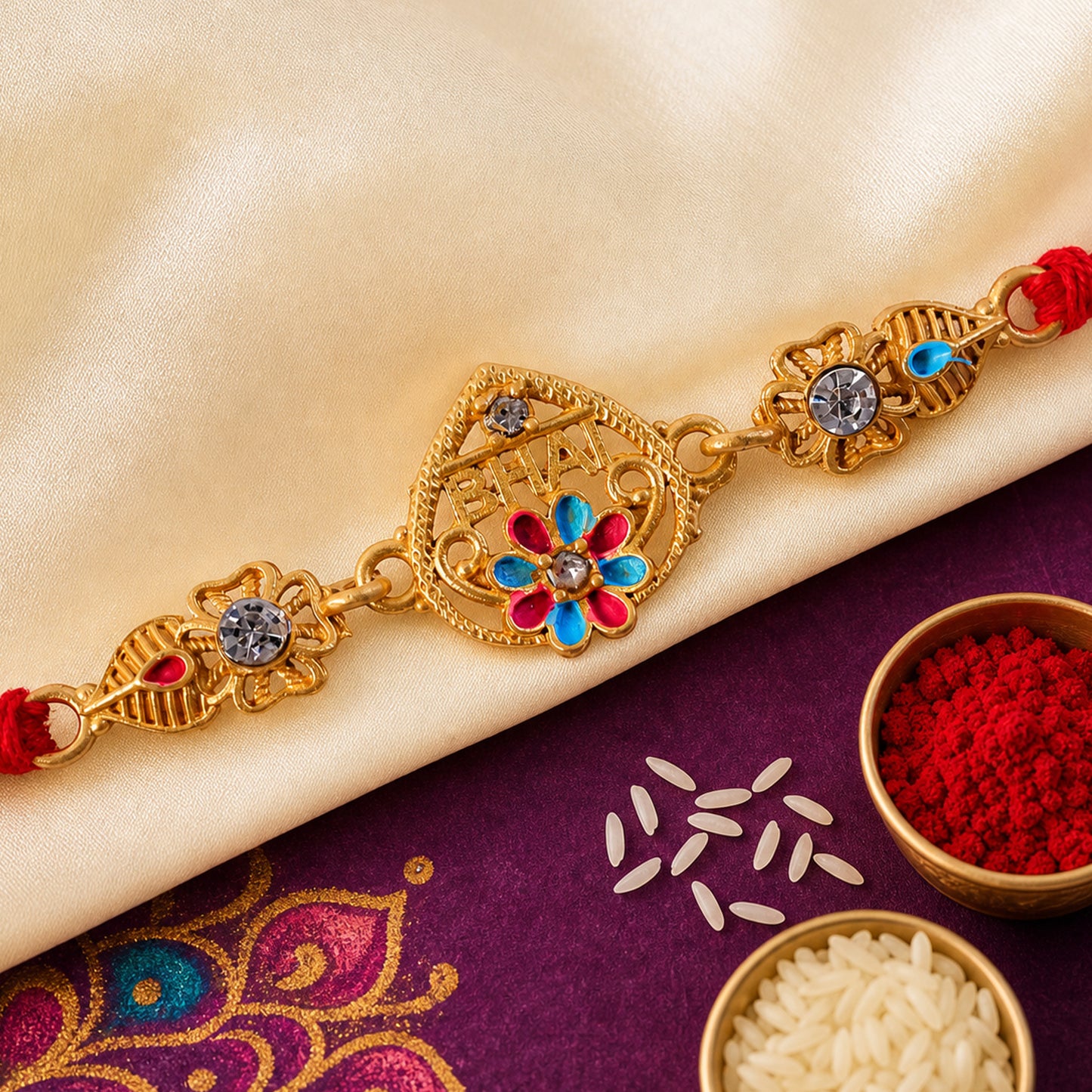 Designer Rakhi featuring BHAI Floral Plaque, clean frame and display look for Gifting
