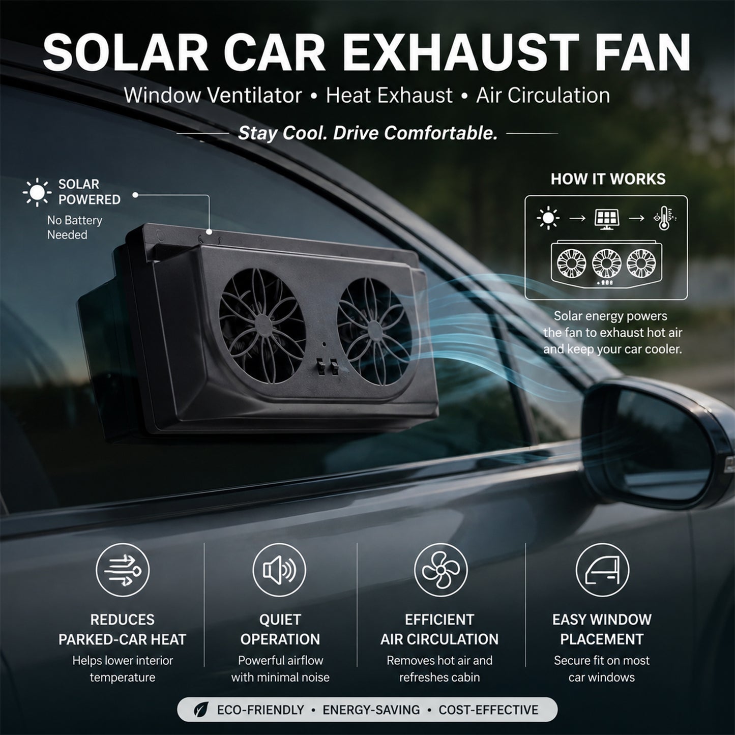 Solar car exhaust fan feature view