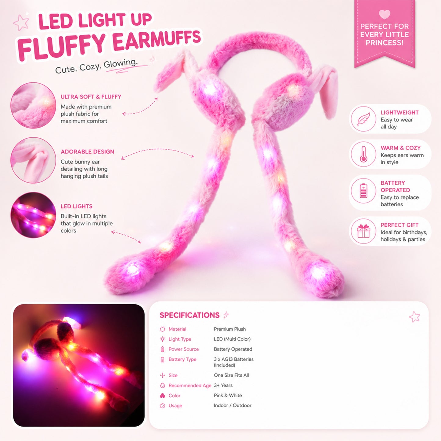 Light up fluffy earmuffs features
